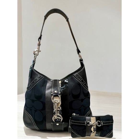 Y2K Coach 10260 Hamptons Large Signature Python Stripe Hobo Bag & Wristlet - Picture 1 of 13